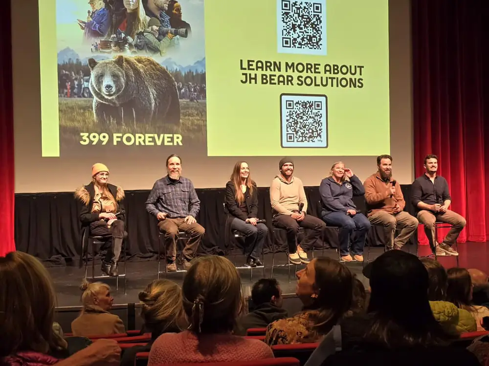 Cast members seated on stage for a Q&A beneath a 399 Forever and JH Bear Solutions slide