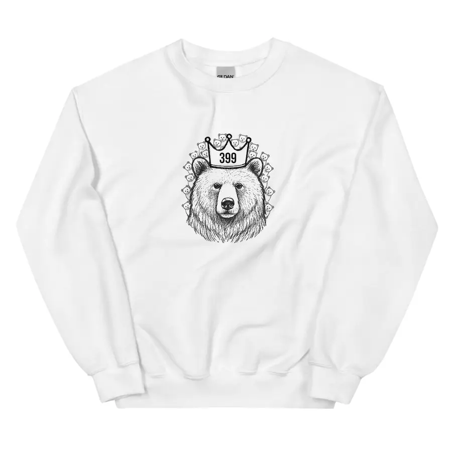 White crewneck sweatshirt with a crowned Grizzly 399 illustration