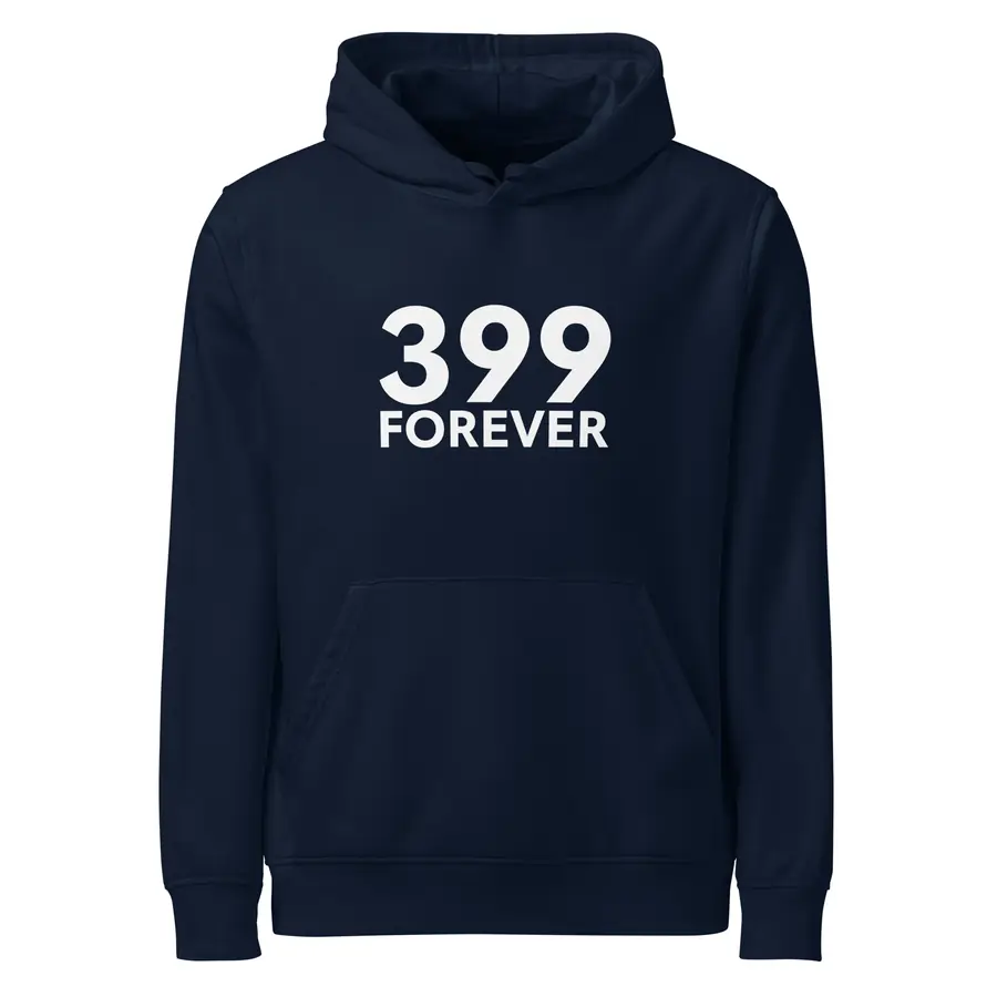 Navy hoodie with 399 Forever printed across the chest