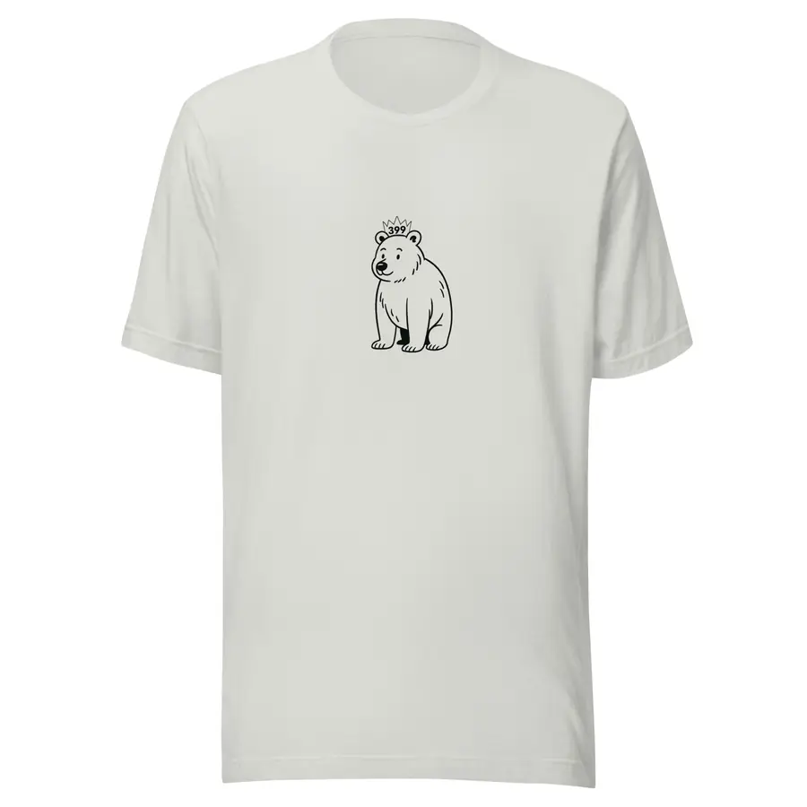 Light grey t-shirt with a small illustration of Grizzly 399 wearing a crown